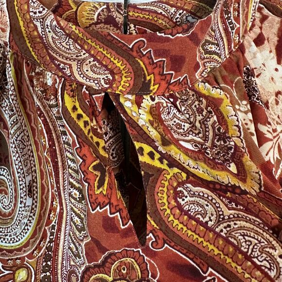 E.S.T. 1946 blouse mock neck paisley cream brown bohemian 3/4 length sleeve  - Picture 8 of 10